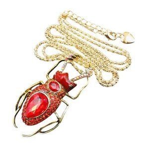 Betsey Johnson Necklace Red Crystal Beetle Pendant Gold Tone